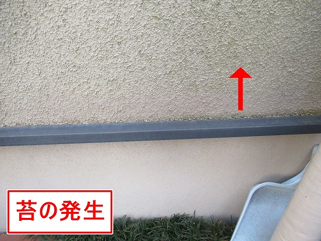 西八代郡市川三郷町でモルタル外壁の苔・サビ跡を確認！窓枠や水切りは色あせ・変色！