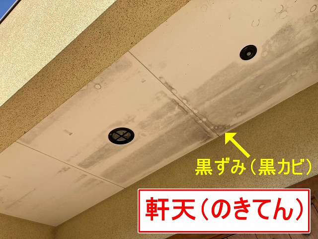 笛吹市で黒ずみ・シミ・黒カビのある軒天