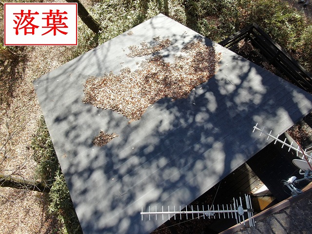 屋根に積もった落ち葉