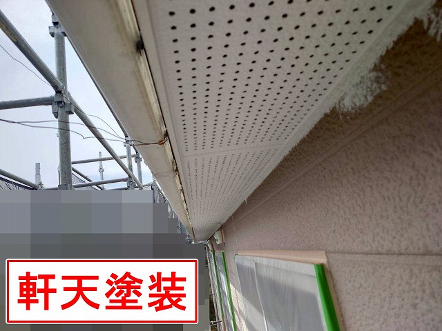 山梨市で軒天（有孔ボード）に塗装して、塗膜保護（防カビ・防藻）を行う様子