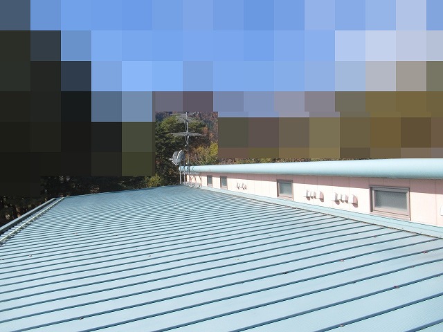 南都留郡富士河口湖町で観光ホテルのガルバリウム鋼板屋根の調査を行う様子